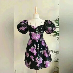 For Love & Lemons Floral Jacquard Puff Sleeve Mini Dress Sweetheart Neckline XS